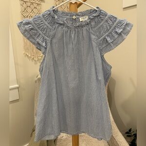 J.Crew Blue White Striped Flutter Sleeve Cotton Blouse Small